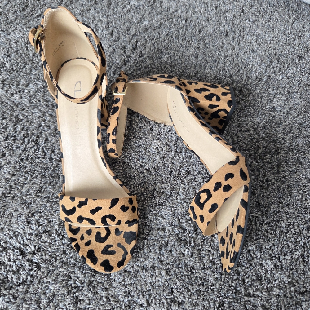 CL by Laundry Leopard Print Ankle Strap Block Heels - Tan/Black